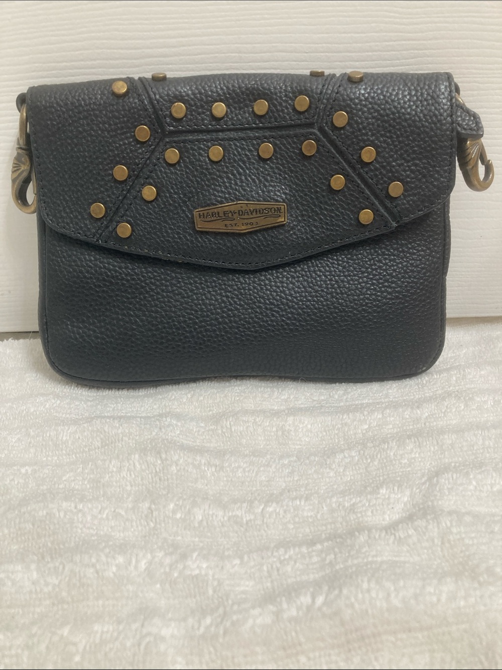 Harley-Davidson Black Pebbled Leather Crossbody with Brass Studs